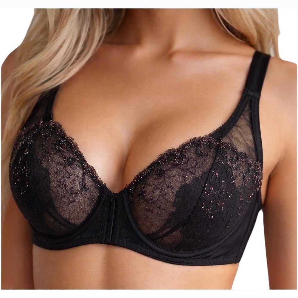 Simone Perele Sheer Embroidered Bra 36D Black Luxury Lingerie NWT